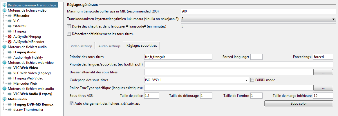 subtitles transcoding parameters